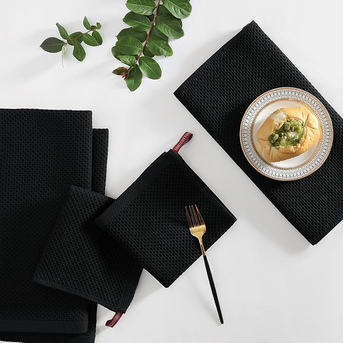 Homaxy 100% Cotton Kitchen Towels and Dishcloths Set, 12 x 12 Inches and 13 x 28 Inches, Set of 10 Bulk Kitchen Towels Set, Ultra Soft Absorbent Dish Cloths for Washing Dishes, Black