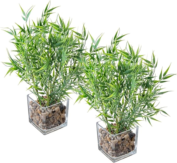 MyGift 16 Inch Tall Tabletop Artificial Bamboo Leaves Plant Potted in Clear Glass Square Pots, Indoor Faux Greenery Table Centerpiece Home Office Decor, Set of 2