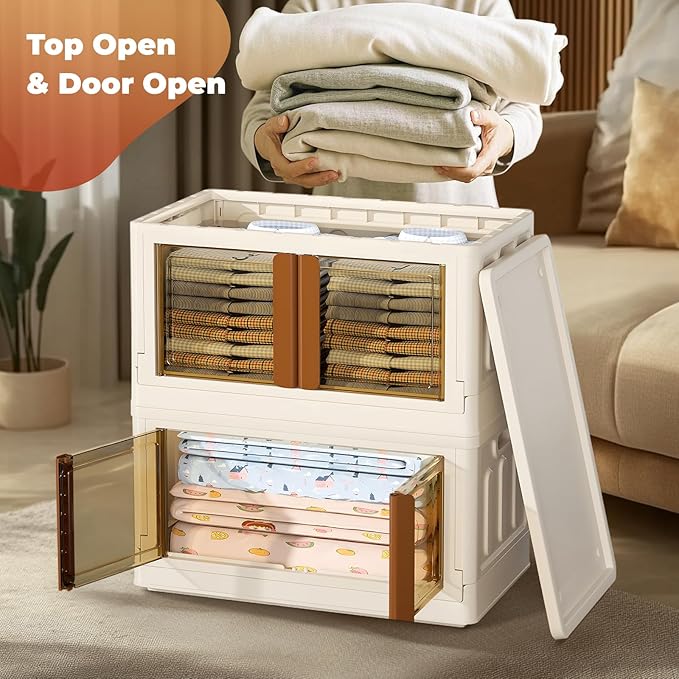 GCCSJ 76Qt Stackable Plastic Storage Boxes with Lids, Foldable Closet Organizers and Storage Containers with Wheels, Collapsible Storage Bins for Home Organization, 3 Pack White