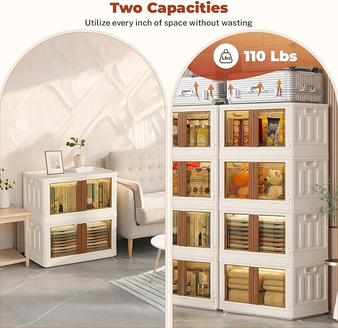 GCCSJ 33.6Qt Stackable Plastic Storage Boxes with Lids, Foldable Closet Organizers and Storage Containers with Wheels, Collapsible Storage Bins for Home Organization, 3 Pack White