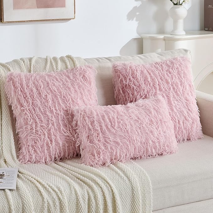 FUTEI Pink Decorative Throw Pillow Covers 16x16 Inch Set of 2,Soft Fluffy Faux Feather Texture Cushion Cases,Modern Home Luxury Decor for Couch Bed Living Room