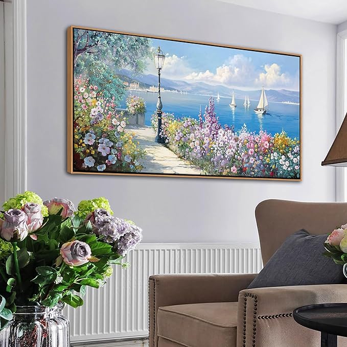 Blue Coastal Wall Art Ocean Canvas Flowers Painting Landscape Sailboat Picture White Yellow Artwork Modern Seascape Large Framed for Living Room Bedroom Home Office Decor Size 24x48 Inches