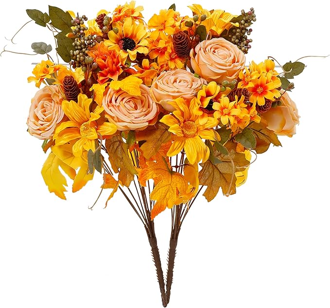 Anna's Whimsy 2 Pcs Artificial Plants Indoor,Thanksgiving Fall Artificial Flowers, Fall Decor Silk Flowers Bouquet for Home Wedding Thanksgiving Decoration (Golden, 2)