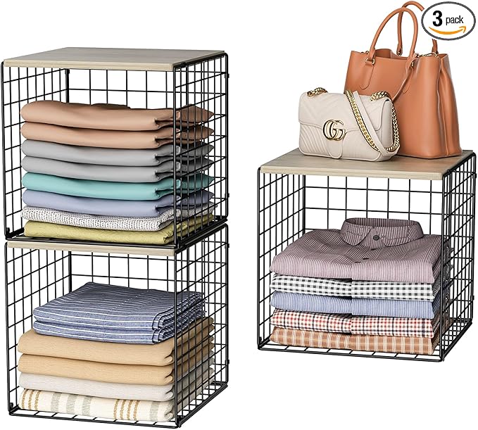 3PCS Stackable Closet Organizers and Storage, Shelves with Wood Top Extra Storage, Clothes Organizer Basket, Bin, or Tube for Wardrobe and Home Organization (Black-Sturdy Metal) Patent Pending