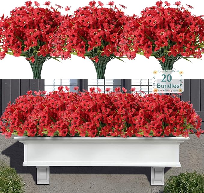 20 Bundles Artificial Flowers for Outdoors, UV Resistant Fake Flowers with Plastic Plants, Faux Silk Flowers for Planter outdoors, Fake realistic flowers For Window Box Front Porch Patio Decor-Red