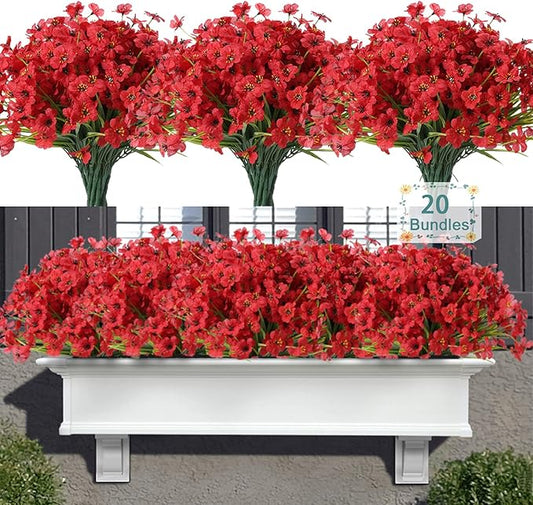 20 Bundles Artificial Flowers for Outdoors, UV Resistant Fake Flowers with Plastic Plants, Faux Silk Flowers for Planter outdoors, Fake realistic flowers For Window Box Front Porch Patio Decor-Red