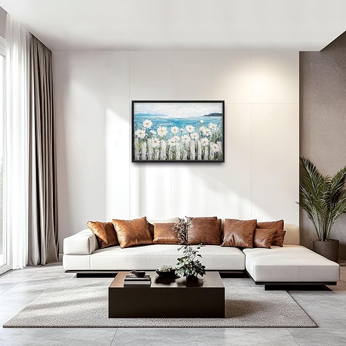 Large Coastal Ocean Wall Art for Living Room, Coastline Beach Flower Oversized Wall Decor Pictures, Nature Seascape Framed Canvas Print Painting, Modern Artwork for Bedroom Office Home Decor 36"x24"