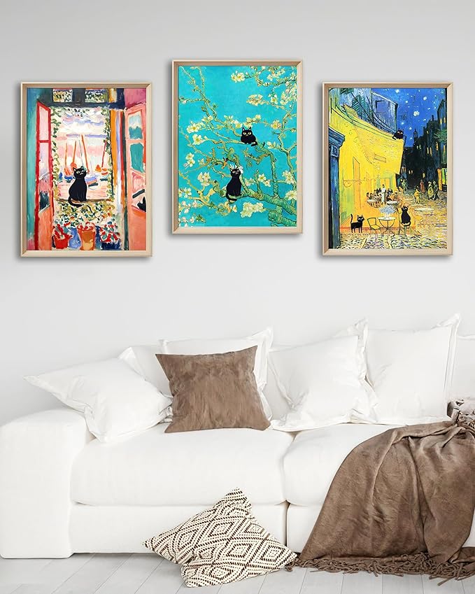 UPWOIGH 12"x16" Wood Framed Wall Art, Black Cats Canvas Wall Decor, Set of 3, Henri Matisse and Van Gogh Prints Poster, Funny Cute Animal Pictures for Living Room, Bathroom, Gifts