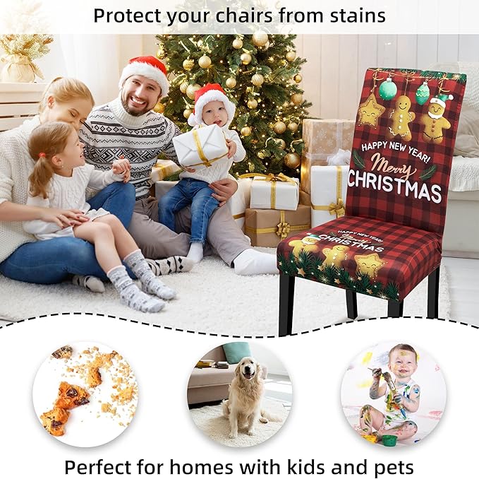 Christmas Chair Covers for Dining Chairs, Dining Room Chair Covers Set of 4, Stretch Parsons Chair Slipcovers, Removable Washable kitchen Chair Cover for Home Hotel Banquet Holiday Decoration
