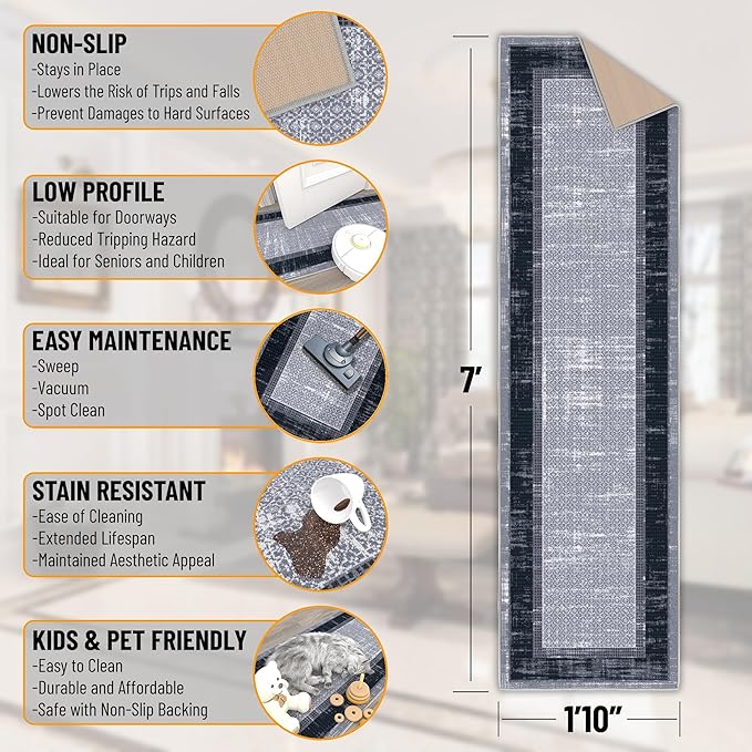 Ottomanson Hallway Runner Rug 1'10" x 7' Non Slip Border Area Rugs Easy to Clean Laundry Rug Runner Durable & Pet Friendly Floor Carpet Runners for Hallways Entryway Living Room Kitchen, Gray/Navy