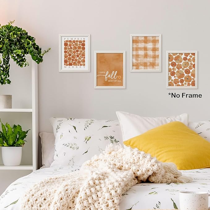 TLESKE Orange Fall Pumpkins Market Posters Prints Unframed Set of 4, Autumn Aesthetic Wall Art Prints for Dorm Bedroom Living Room, I Love Fall Most of All Pictures Wall Decor, 8x10