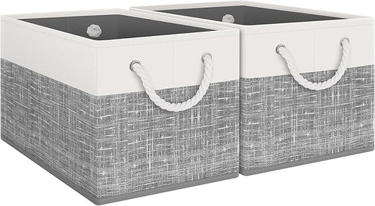 Fab totes Storage Bins [2-Pack], Foldable Storage Baskets for Organizing Toys, Books, Shelves, Closet, Large Storage Box with Rope Handles, Sturdy Organizer Bins, White & Grey