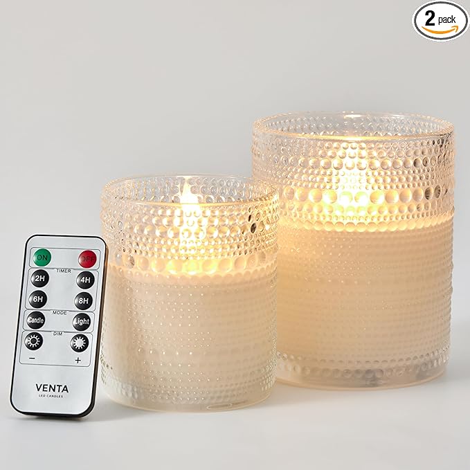 VENTA Flickering Flameless Candles With Remote Control - Led Candles Battery Operated - Battery Operated Candle For Decoration Table, Timer & Dimmer Features, Set - 2Pcs (4",5") (White Dotted Glass)