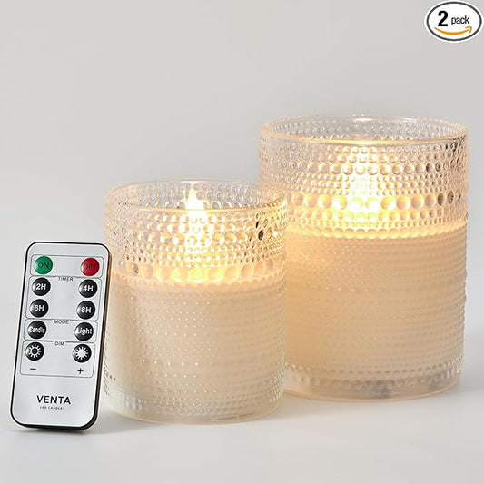 VENTA Flickering Flameless Candles With Remote Control - Led Candles Battery Operated - Battery Operated Candle For Decoration Table, Timer & Dimmer Features, Set - 2Pcs (4",5") (White Dotted Glass)