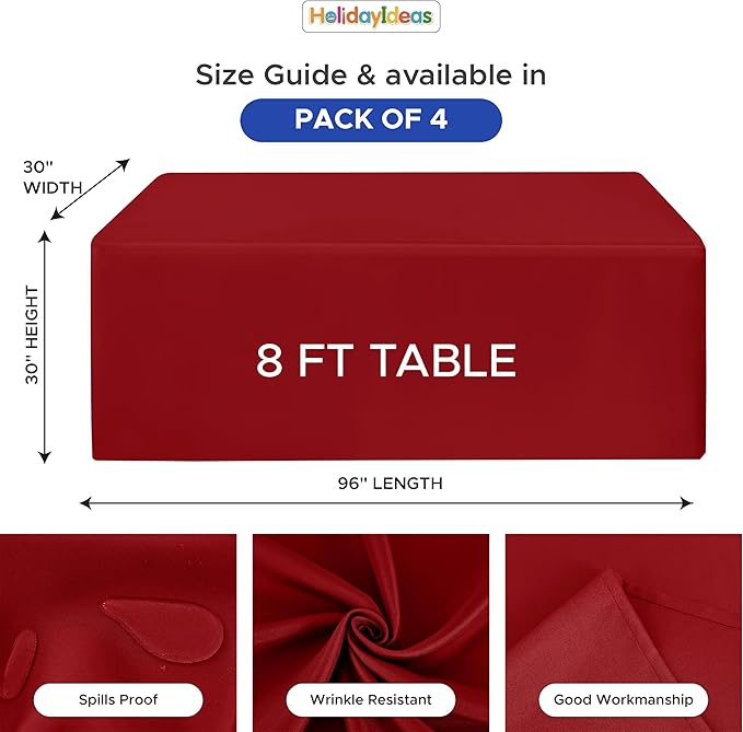 HolidayIdeas 4 Pack Red Fitted Tablecloth for 8ft Tables, 4-Sided Christmas Table Cover for Holiday Markets, Yard Parties, & Gift Tables, Wrinkle-Resistant Washable Xmas Decorations