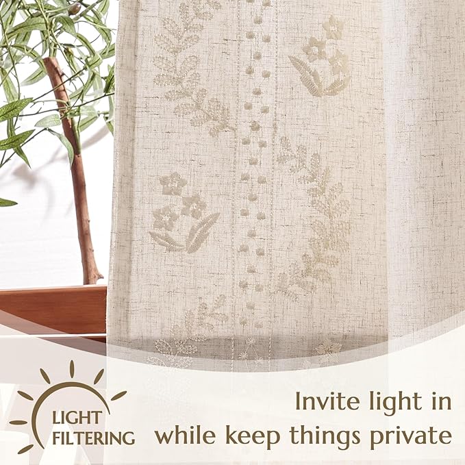 jinchan Belrose Lined Linen Blend Curtains Boho Floral Curtains for Bedroom 63 Inch Length Ivory Embroidered Drapes Rod Pocket Farmhouse Flower Drapes for Living Room Window Treatments Set 2 Panels