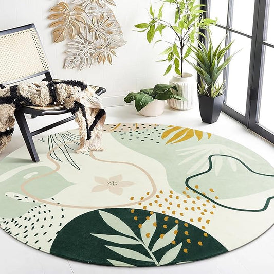 Lahome Green Round Area Rugs 5Ft - Washable Large Boho Round Rug for Living Room Non-Slip Throw Circle Rug for Dining Room Table,Soft Cute Botanical Print Floor Mat Carpet for Bedroom Office Bathroom
