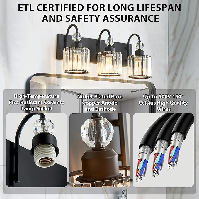 Bathroom Vanity Light Fixtures Over Mirror - Makeup Lighting Black - for Modern Wall, Bath, Desk, Farmhouse, Hallway (3 Crystal Lights)
