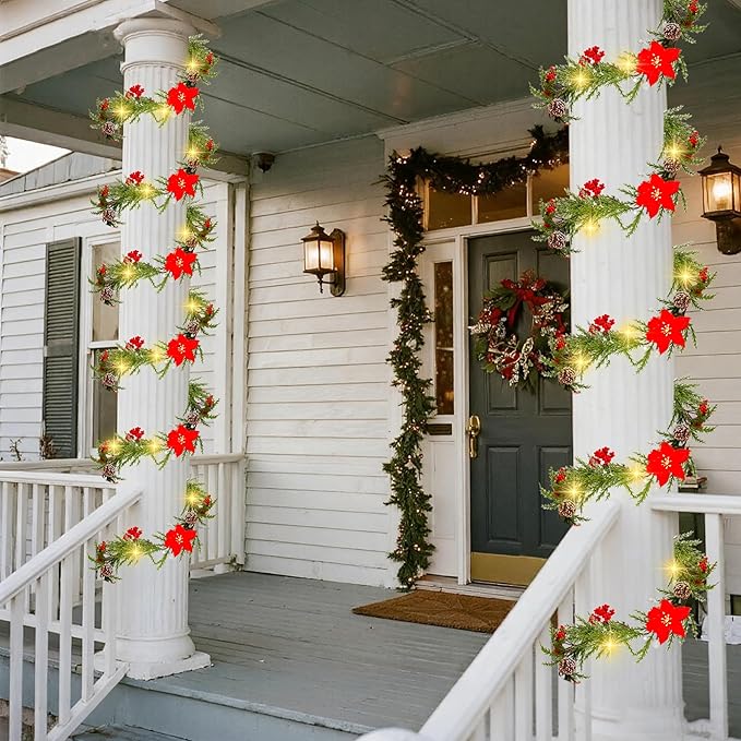 DR.DUDU 9 FT Pre-lit Artificial Christmas Garland with 30 LED Lights, Battery Powered with Pine Cones, Red Berries, Pine Needles, Lighted Christmas Wreath for Holiday Party, Xmas Tree Decorations