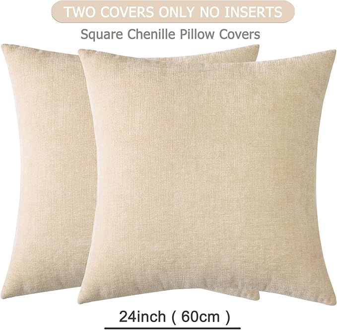 GAWAMAY Decorative Chenille Throw Pillow Covers 24x24 Inch Pack of 2, Soft Square Couch Pillow Cover for Sofa Cushion Living Room Bedroom Solid Dyed Pillowcases Beige 60x60cm (ONLY Covers)