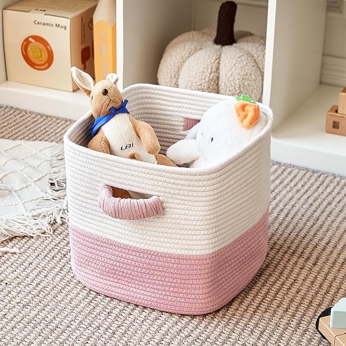 Storage Cube Baskets for Organizing 11 inch-3 Pack- Square Baskets for Cube Storage, Closet Storage Bins - Woven Cube Storage Bins for Shelves- Cube Drawer- Ideal for Toy Storage White & Pink