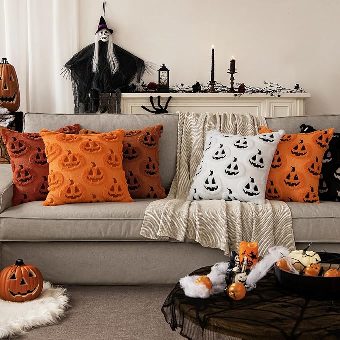 MIULEE Fall Halloween Throw Pillow Covers 20x20 Decorative Pumpkin Pattern Pillowcases Soft Plush Faux Wool Cushions for Home Patio Sofa Couch,Rust