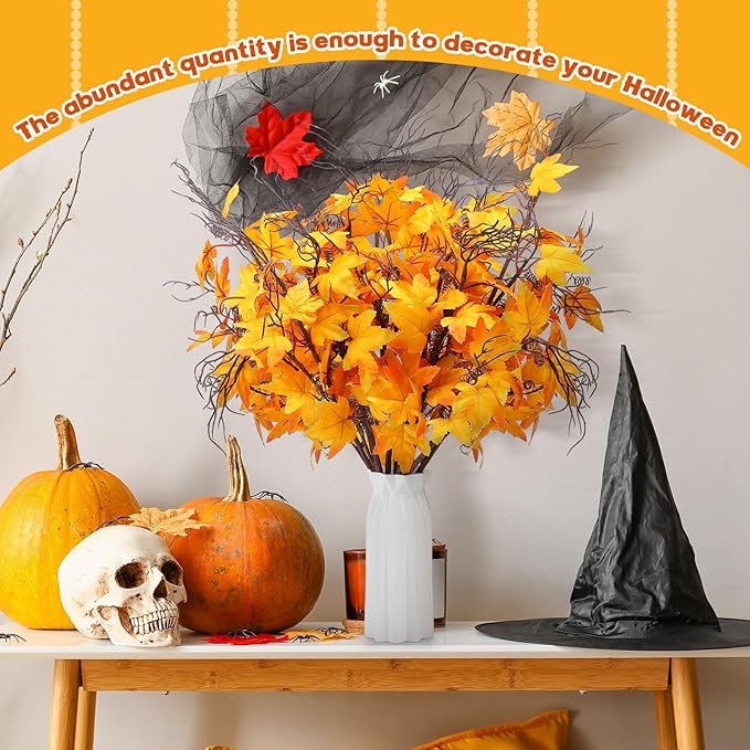 12 Pcs 19.7 Inch Artificial Fall Flowers Orange Fall Fake Maple Leaf Floral Stems Autumn Floral Picks Thanksgiving Harvest Centerpieces Decorations for Home Indoor Vase Arrangement Decor