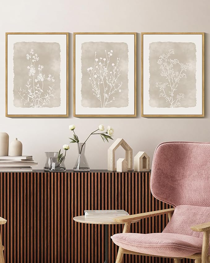 KUVIOKE Boho Botanical Flower Wall Art Framed Vintage Floral Wall Prints Wildflower Neutral Rustic Bohemain Artwork Kitchen Bedroom Decor 11x14in (Natural Framed)