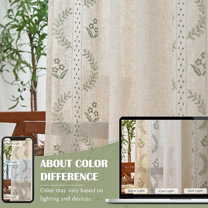 jinchan Belrose Linen Curtains for Bedroom Floral Curtains 90 Inch Length Linen Blend Sage Green Embroidered Drapes Farmhouse Flower Patterned Drapes for Living Room Window Treatments Set 2 Panels