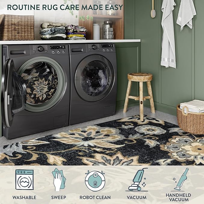 Lahome Floral 2x5 Washable Rug Runner - Black Entryway Runner Rug Non-Slip Ultra-Thin Stain Resistant Kitchen Rug Runner, Paisley Print Accent Carpet Runners for Hallway Bedroom Laundry Living Room