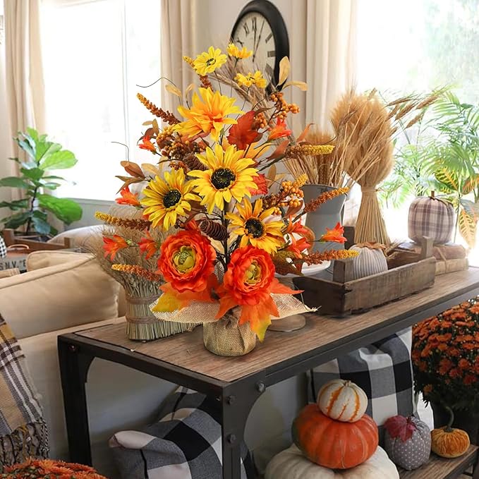Fall Table Tree, Tabletop Artificial Fall Tree with Sunflowers Berries Maple Leaves Burlap Base Fall Decorations for Autumn Office Home Harvest Thanksgiving Party