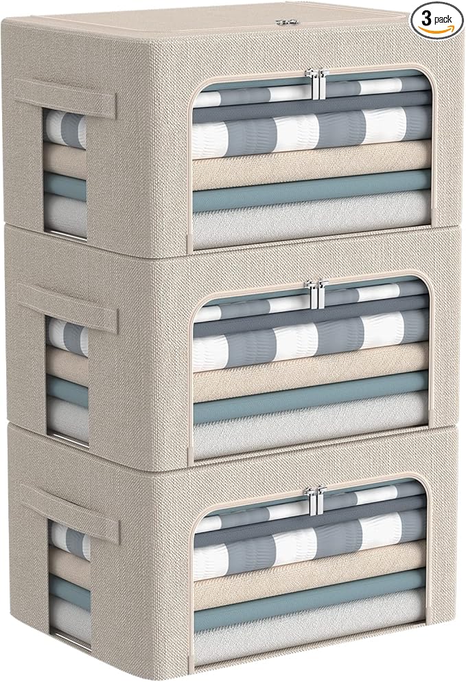 3Pack Foldable Storage Bins - Frame Storage Box Linen Fabric Stackable Clothes Container Organizer with Clear Window & Carry Handles Large Capacity (Small-22L, Beige)