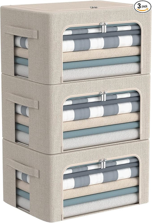 3Pack Foldable Storage Bins - Frame Storage Box Linen Fabric Stackable Clothes Container Organizer with Clear Window & Carry Handles Large Capacity (Small-22L, Beige)