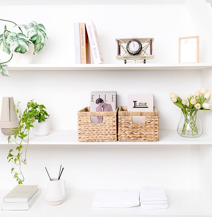 Set of 6 Wicker Storage Basket, Water Hyacinth Storage Baskets, Wicker Storage Baskets for Shelves, Wicker Baskets for Storage, Woven Baskets For Storage (6 Packs Medium)