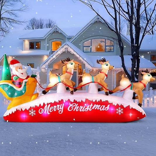 Danxilu Christmas Inflatables 10 FT Long Santa Sleigh with Reindeer Outdoor Decorations, Built-in Colorful LEDs Santa Claus Deer Sled Blow Up Yard Decoration for Outside Lawn Holiday Xmas Decor