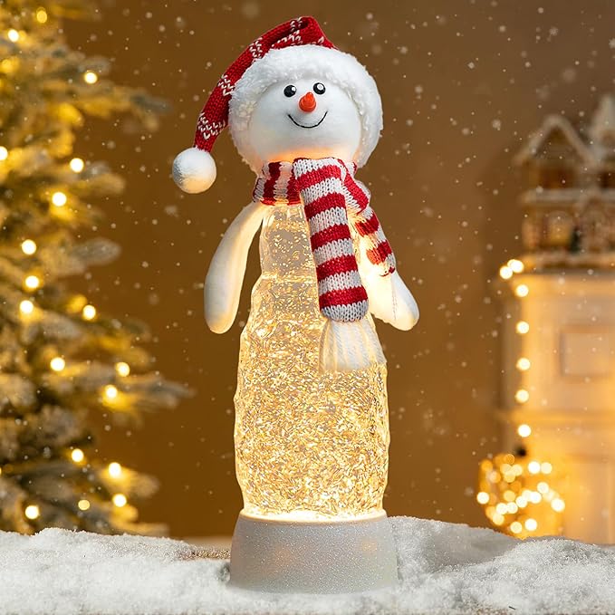 Christmas Snowman Decorations, Lighted Snowman Plush Swirling Glitter Musical Christmas Snow Globe Water Lantern for Table Mantel Desk Fireplace Home Holiday Decor