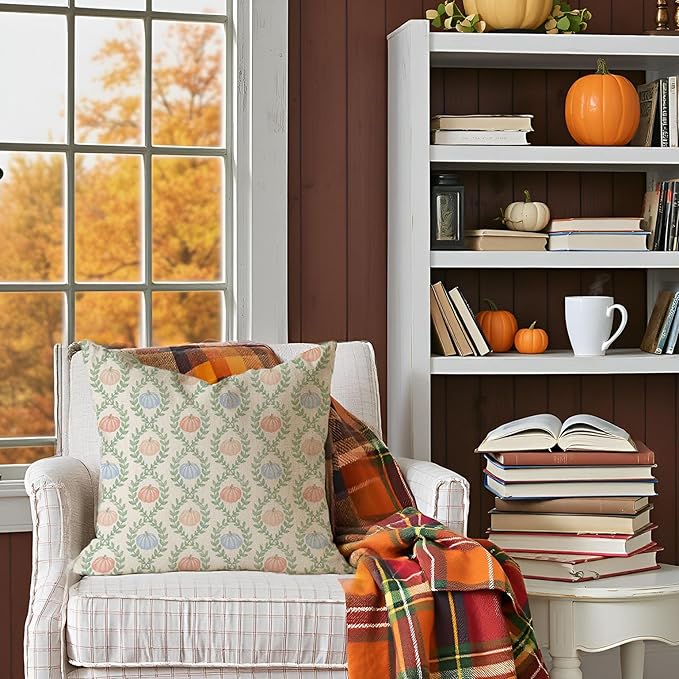 Fall Decorative Throw Pillow Covers 18x18 Inch Set of 2 Blue Orange Pumpkin Green Scalloped Pastel Outdoor Cottage Autumn Decor Pillows Cases Grandmillennial Decorations for Home Room Couch