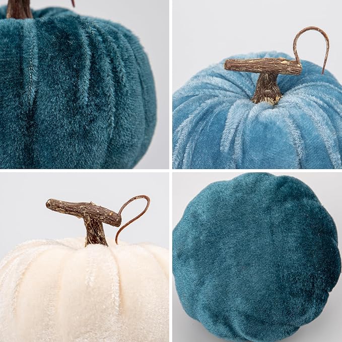 Briful Fall Pumpkins Decoration for Home, 6PCS Blue and White Velvet Fake Pumpkin Decor for Autumn Harvest Thanksgiving Halloween Table Centerpiece Tier Tray Shelf Farmhouse Decoration(4 Inch)
