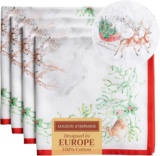Maison d' Hermine Cloth Napkins Set of 4 100% Cotton Everyday Reusable Square Napkins Cloth Washable, Dinner, Party, Wedding, Restaurant (Christmas Tradition, 20" x 20")