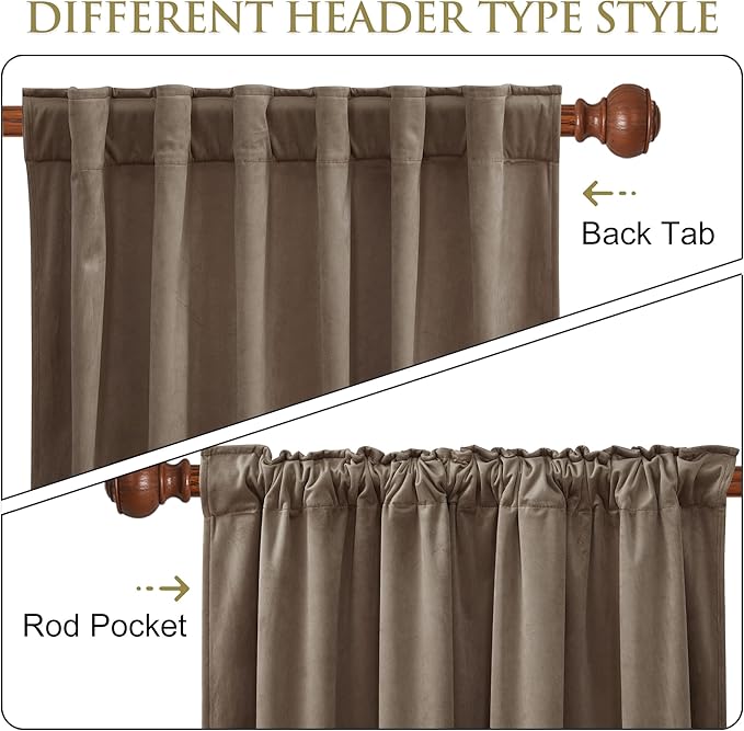 StangH 63 inches Taupe Velvet Curtains- Room Darkening Solid Drapes Thermal Insulating for Kitchen, Privacy Protect Bedroom Curtains Elegant Home Decor for Study/Laundry, W52 x L63, 2 Panels