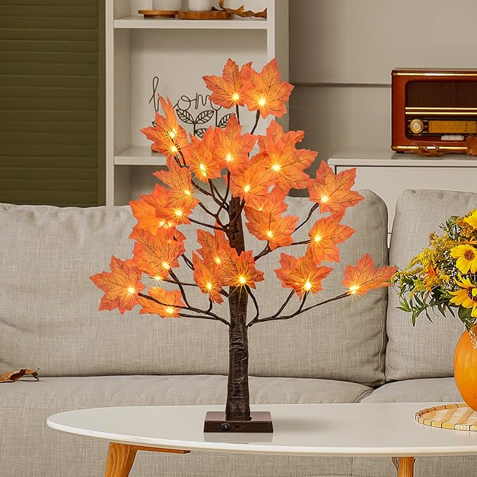 Lightshare 24IN Lighted Maple Tree for Fall Decorations, USB & Battery Operated with Timer Table Lights for Home Party Indoor Outdoor Thanksgiving Autumn Harvest Decor