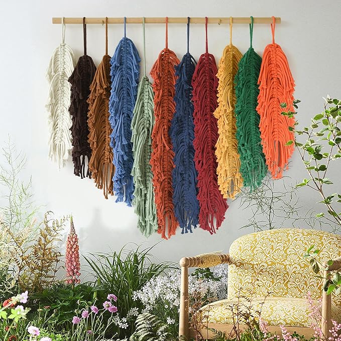 Jakalin Macrame Wall Hanging Leaf, Colorful Yarn Feathers Boho Wall Decor, Handmade Woven Tapestry for Bedroom, Nursery, Living Room, Boho Chic Fiber Art Wall Hanging 27.5" W x 23.6" L