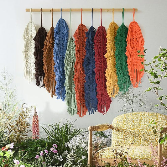 Jakalin Macrame Wall Hanging Leaf, Colorful Yarn Feathers Boho Wall Decor, Handmade Woven Tapestry for Bedroom, Nursery, Living Room, Boho Chic Fiber Art Wall Hanging 27.5" W x 23.6" L