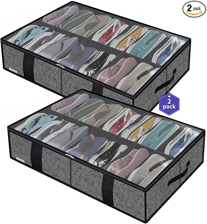 Onlyeasy 2 Pack Under Bed Shoe Storage Organizers with Handles & Clear window (Fit 14 +14 Pairs), Sturdy Underbed Box Organizer Shoe Storage Bags for Kids & Adults, Linen-like Black, MXAUBS14S14