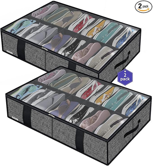 Onlyeasy 2 Pack Under Bed Shoe Storage Organizers with Handles & Clear window (Fit 14 +14 Pairs), Sturdy Underbed Box Organizer Shoe Storage Bags for Kids & Adults, Linen-like Black, MXAUBS14S14