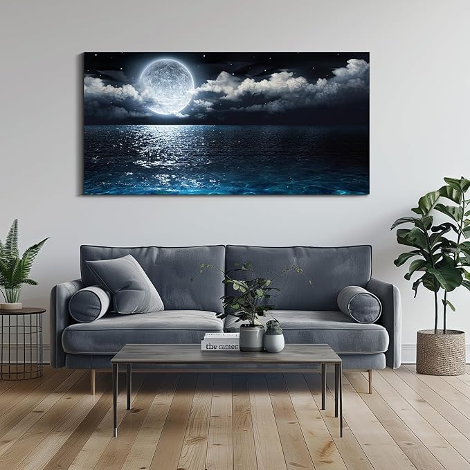 Dimpoli Moon Sea Ocean Canvas Wall Art, Night Sky Full Moon Landscape Artwork Decorations for Home Living Room Decor 40x20 Inches