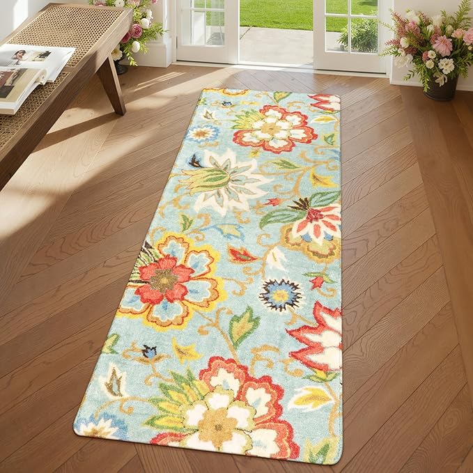 Lahome Floral Hallway Runner - 2x5 Washable Non-Slip Low-Pile Kitchen Rug, Laundry Room, Soft Paisley Print Modern Indoor Carpet Runner for Entryway Living Room, Bathroom Entrance