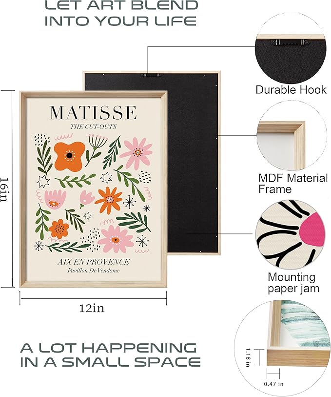 UPWOIGH Framed Wall Art, 12x16in Abstract Henri Matisse Canvas, 12" x 16" Wood Frame Pink Flower Market Wall Decor, Minimalist Set of 3 for Living Room