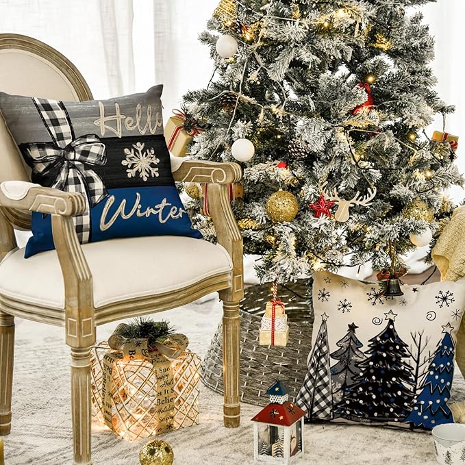 AVOIN colorlife Merry Christmas Joy Xmas Trees Blue and Black Throw Pillow Covers, 18 x 18 Inch Christmas Winter Holiday Cushion Case Decoration for Sofa Couch Set of 4