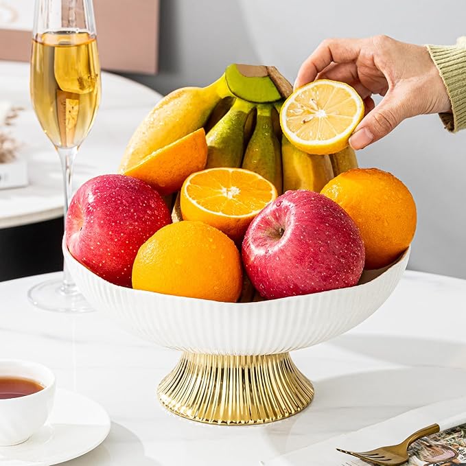 Ceramic Fruit Bowl,10” Pedestal Bowl, Decorated Fruit Tray for Kitchen Counter and Dining Table, Footed Bowls for Afternoon Tea Parties, Bread and Salad Bowl with Golden Feet. (white)